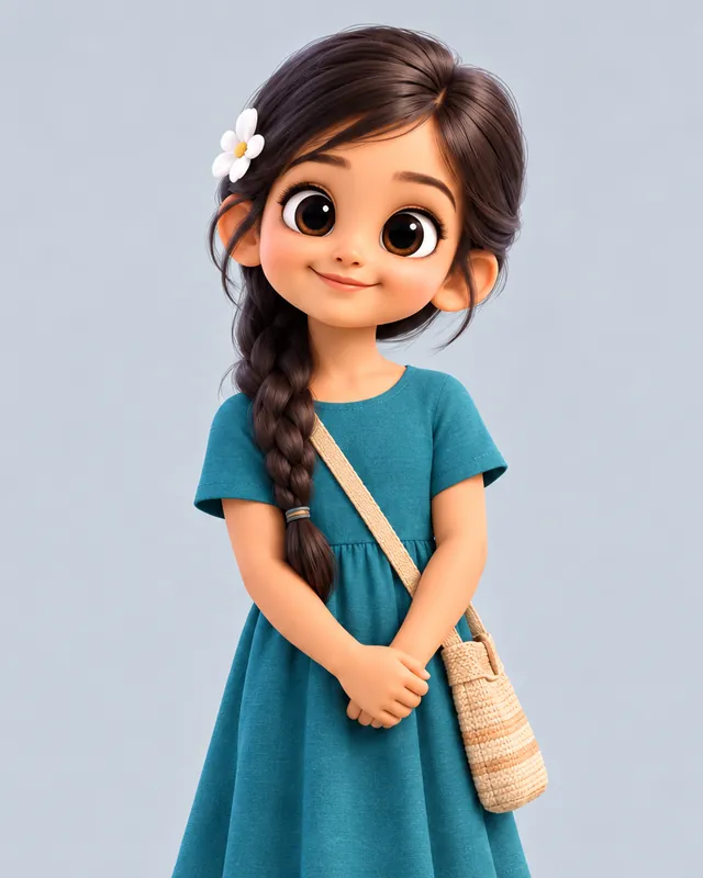 Adeeva, a girl with a long dark braid and a white flower in her hair, wearing a teal dress and carrying a woven bag