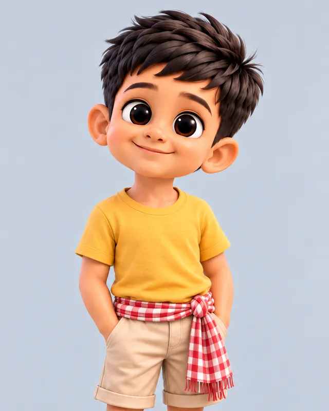 Ayaan, a smiling boy with messy dark hair in a yellow T-shirt, beige shorts and a red checked gamchha tied at his waist