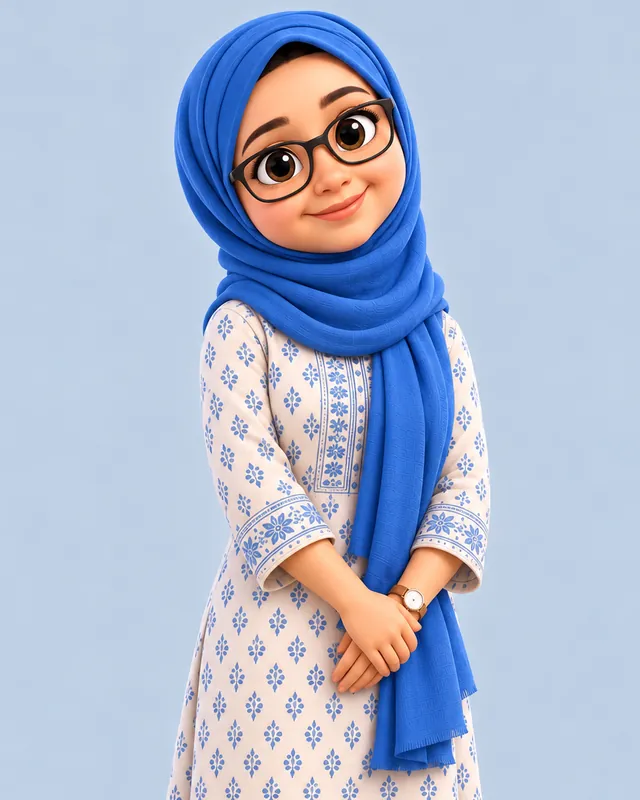 Mom, smiling in a blue hijab, glasses and a white kurti with blue block prints