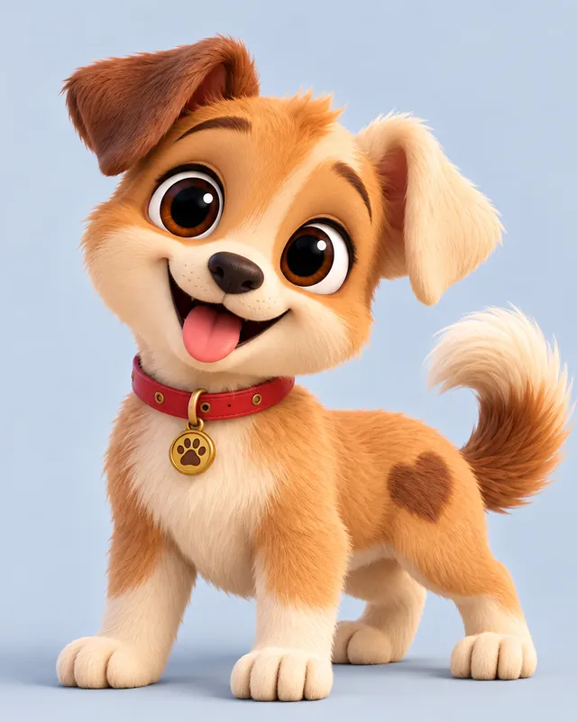 Tuku, a fluffy tan and cream puppy with a red collar and a gold paw-print tag, smiling with his tongue out