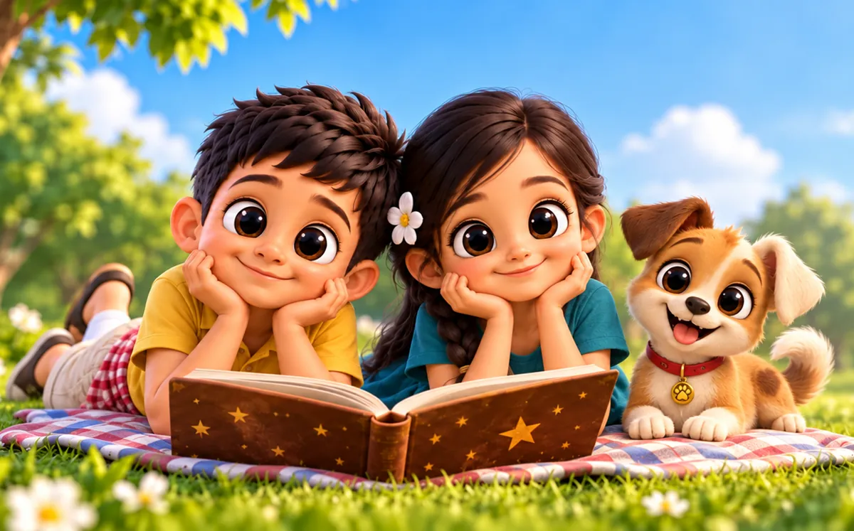 Ayaan and Adeeva lying on a picnic blanket in a sunny park, reading a storybook together with their puppy Tuku beside them
