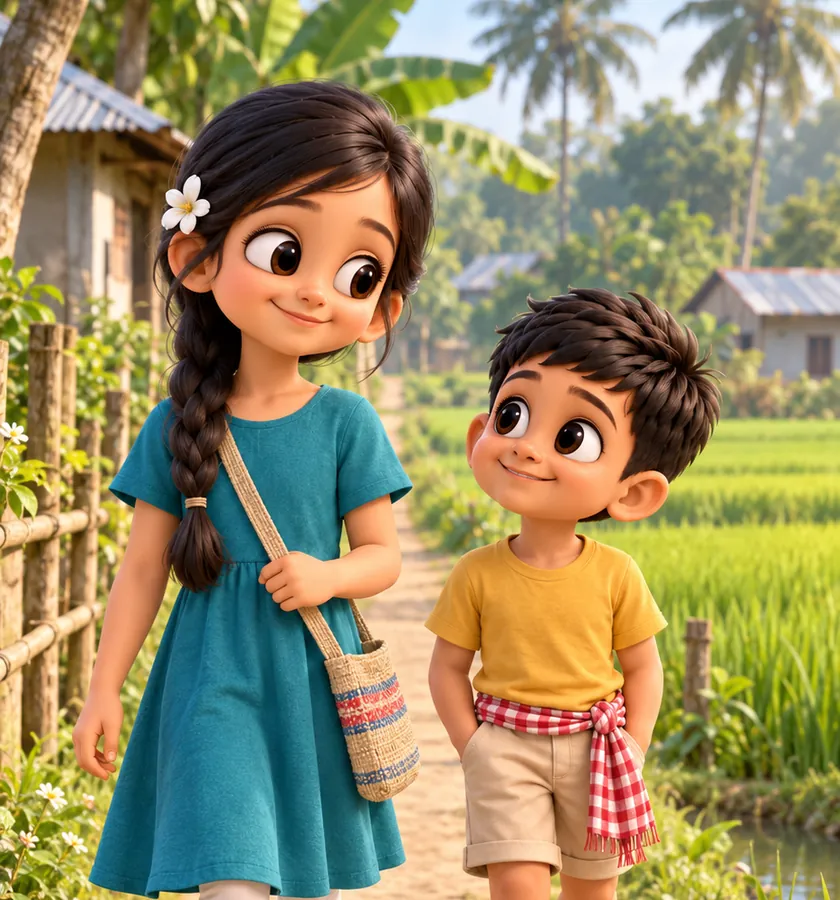 Adeeva and Ayaan walking home together along a village path, smiling at each other