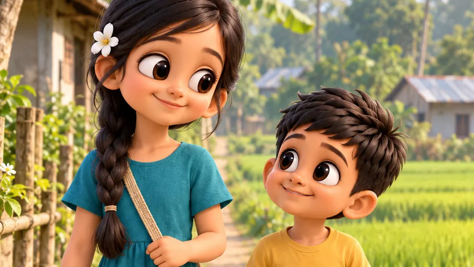 Adeeva and Ayaan walking together along a village path beside green rice fields
