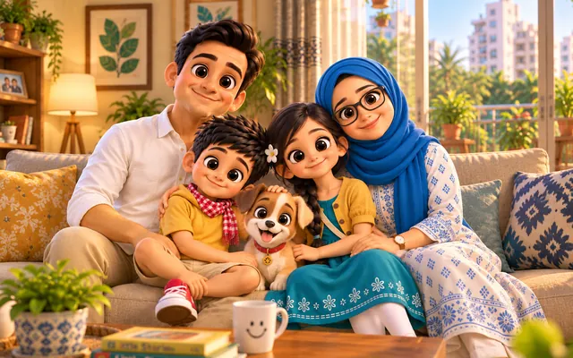 Dad, Ayaan, Adeeva and Mom cuddled up on the sofa at home with Tuku in the middle