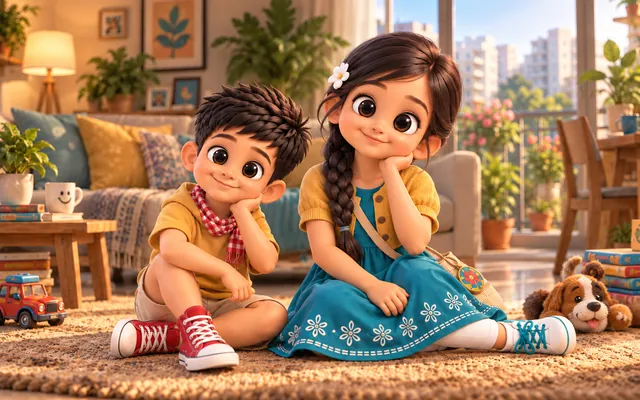 Ayaan and Adeeva sitting side by side on the living room rug, each resting a cheek on one hand and smiling