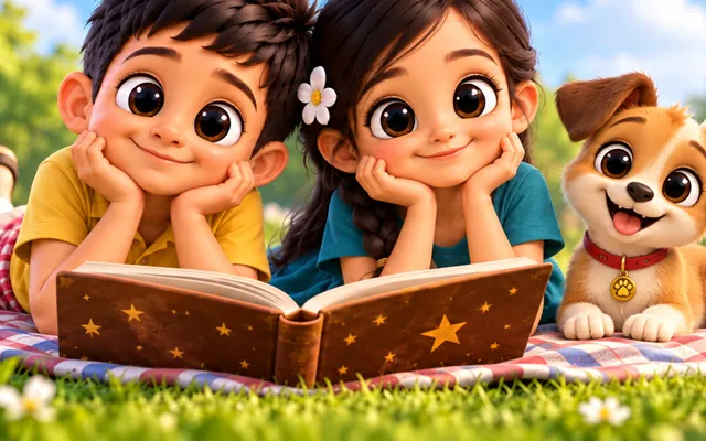 Ayaan and Adeeva reading a big storybook together on a picnic blanket