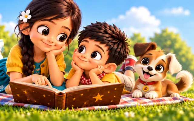 Adeeva and Ayaan reading a big storybook together on a picnic blanket, with Tuku beside them